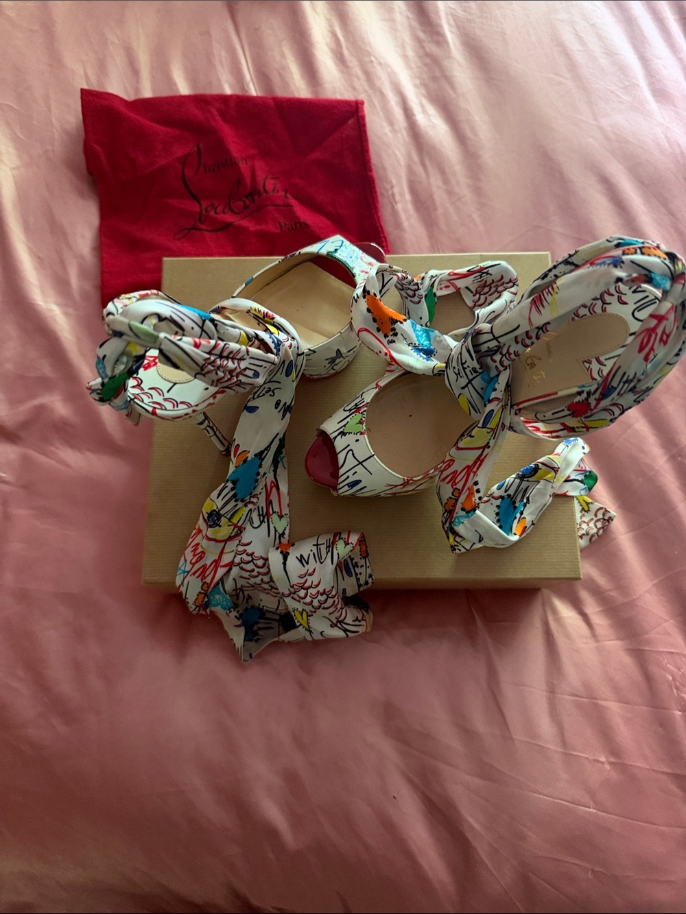 Christian Louboutin White Graffiti Print Wedge Sandals and clutch bag - Picture 5 of 9
